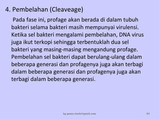 4. Pembelahan (Cleaveage)
Pada fase ini, profage akan berada di dalam tubuh
bakteri selama bakteri masih mempunyai virulensi.
Ketika sel bakteri mengalami pembelahan, DNA virus
juga ikut terkopi sehingga terbentuklah dua sel
bakteri yang masing-masing mengandung profage.
Pembelahan sel bakteri dapat berulang-ulang dalam
beberapa generasi dan profagenya juga akan terbagi
dalam beberapa generasi dan profagenya juga akan
terbagi dalam beberapa generasi.
by gomes.hada@gmail.com 24
 