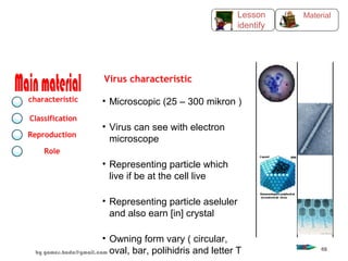 • Microscopic (25 – 300 mikron )
• Virus can see with electron
microscope
• Representing particle which
live if be at the cell live
• Representing particle aseluler
and also earn [in] crystal
• Owning form vary ( circular,
oval, bar, polihidris and letter T
characteristic
Classification
Reproduction
Role
Virus characteristic
MaterialLesson
identify
by gomes.hada@gmail.com
40
 