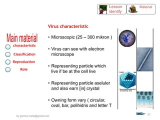 • Microscopic (25 – 300 mikron )
• Virus can see with electron
microscope
• Representing particle which
live if be at the cell live
• Representing particle aseluler
and also earn [in] crystal
• Owning form vary ( circular,
oval, bar, polihidris and letter T
characteristic
Classification
Reproduction
Role
Virus characteristic
Material
Lesson
identify
by gomes.hada@gmail.com
37
 