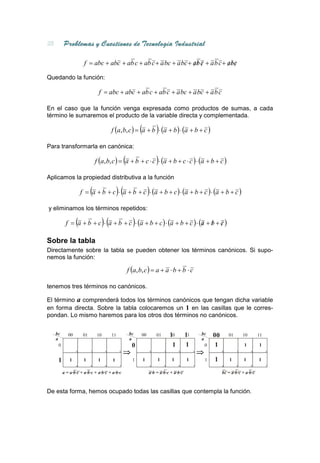 f = abc + abc + ab c + ab c + a bc + a bc + ab c + a b c + abc
                                                                  // /           ///
Quedando la función:

                                f = abc + abc + ab c + ab c + a bc + a bc + a b c

En el caso que la función venga expresada como productos de sumas, a cada
término le sumaremos el producto de la variable directa y complementada.

                                                            (               )
                                         f (a, b, c ) = a + b ⋅ (a + b ) ⋅ (a + b + c )

Para transformarla en canónica:

                                                  (                         )
                               f (a, b, c ) = a + b + c ⋅ c ⋅ (a + b + c ⋅ c ) ⋅ (a + b + c )

Aplicamos la propiedad distributiva a la función

                           (                 )(                     )
                     f = a + b + c ⋅ a + b + c ⋅ (a + b + c ) ⋅ (a + b + c ) ⋅ (a + b + c )

y eliminamos los términos repetidos:

                 (                  )(                  )
          f = a + b + c ⋅ a + b + c ⋅ (a + b + c ) ⋅ (a + b + c ) ⋅ (a + b + c )
                                                                     / / /

Sobre la tabla
Directamente sobre la tabla se pueden obtener los términos canónicos. Si supo-
nemos la función:

                                                      f (a, b, c ) = a + a ⋅ b + b ⋅ c

tenemos tres términos no canónicos.

El término a comprenderá todos los términos canónicos que tengan dicha variable
en forma directa. Sobre la tabla colocaremos un 1 en las casillas que le corres-
pondan. Lo mismo haremos para los otros dos términos no canónicos.

   bc       00        01       10        11           bc     00             01       10       11       bc    00       01       10       11
   a                                                  a                                                a
     0                                                  0                             1       1          0    1                1        1
                 0         1         2        3                         0        1        2        3              0        1        2        3



    1        1        1         1        1              1       1           1        1        1         1    1        1        1        1
                 4         5         6        7                         4        5        6        7              4        5        6        7


         a = a·b·c + a·b·c + a·b·c + a·b·c                          a·b = a·b·c + a·b·c                           bc = a·b·c + a·b·c



De esta forma, hemos ocupado todas las casillas que contempla la función.
 