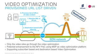 Ericsson Service Provider SDN with Cloud Transformation 2015 Feb| Page 10
1. Resolve URL to
IP List
2. Destination based traffic
steering
0. Provision list of URL’s
of video content
VIDEO OPTIMIZATION
Provisioned URL List Driven
Offline
DPI
BBSC
SDNc-P
SDN network
sampling
Any
Video
sites
Video
Optimizer
› Only the video sites go through the video optimization
› Potential enhancement to the NFV PoC using MSP as video optimization platform
› Supporting subscriber based and destination based Video Optimization
 
