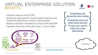 Ericsson Service Provider SDN with Cloud Transformation 2015 Feb| Page 22
VIRTUAL ENTERPRISE SOLUTION
BENEFITS
› Operator reduces cost for CPE
› Enterprise outsources IP, Communication Services and
Enterprise Applications to best-in-class provider
› Builds on Ericsson competence in Cloud, NFV and SDN
› Operator moves up in the value chain + Lock-in effect
CPE IP Edge
Small
Medium
Business
IP Network
SDN-based CPE
Connectivity
Connectivity
Security GW
NATDHCP
IDPFirewall
Service Provider Cloud
Enterprises are
becoming more mobile
Enterprises want and
need cloud services
IT seen as a cost &
many are using
alternatives
 