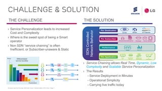 Ericsson Service Provider SDN with Cloud Transformation 2015 Feb| Page 7
CHALLENGE & SOLUTION
› Service Personalization leads to increased
Cost and Complexity
› Where is the sweet spot of being a Smart
operator
› Non SDN “service chaining” is often
Inefficient, or Subscriber-unaware & Static
THE CHALLENGE
› Service Chaining allows Real Time, Dynamic, Low
Complexity and Scalable Service Personalization
› The Results
- Service Deployment in Minutes
- Operational Simplicity
- Carrying live traffic today
SDNControlled
NetworkBehavior
THE SOLUTION
 