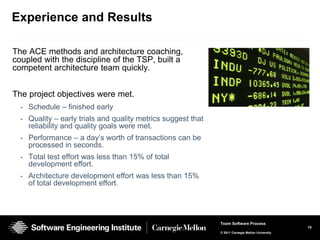 Experience and Results

The ACE methods and architecture coaching,
coupled with the discipline of the TSP, built a
competent architecture team quickly.


The project objectives were met.
  •   Schedule – finished early
  •   Quality – early trials and quality metrics suggest that
      reliability and quality goals were met.
  •   Performance – a day’s worth of transactions can be
      processed in seconds.
  •   Total test effort was less than 15% of total
      development effort.
  •   Architecture development effort was less than 15%
      of total development effort.




                                                                Team Software Process
                                                                                                    15
                                                                © 2011 Carnegie Mellon University
 