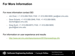 For More Information

For more information contact SEI
    •   Jim Over; + 1 412-268-7624; FAX: +1 412-268-5800; jwo@sei.cmu.edu
    •   Dave Scherb; +1 412-268-3946; FAX: +1 412-268-5800;
        dscherb@sei.cmu.edu
    •   Greg Such; +1 412-268-6973; FAX: +1 412-268-5800;
        gsuch@sei.cmu.edu


For information on user experience and results
    •   http://www.sei.cmu.edu/tspsymposium/2010/proceedings.cfm




                                                       Team Software Process
                                                                                           23
                                                       © 2011 Carnegie Mellon University
 