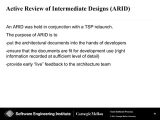 Active Review of Intermediate Designs (ARID)

An ARID was held in conjunction with a TSP relaunch.
The purpose of ARID is to
•put   the architectural documents into the hands of developers
•ensure that the documents are fit for development use (right
information recorded at sufficient level of detail)
•provide   early “live” feedback to the architecture team




                                                        Team Software Process
                                                                                            29
                                                        © 2011 Carnegie Mellon University
 