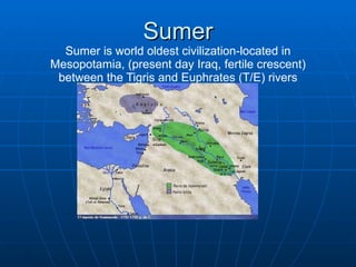 Sumer Sumer is world oldest civilization-located in Mesopotamia, (present day Iraq, fertile crescent) between the Tigris and Euphrates (T/E) rivers 