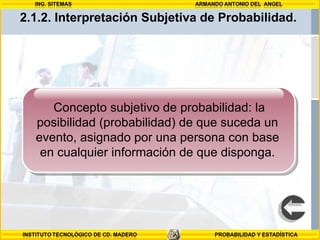 2.1.2.  Interpretación Subjetiva de Probabilidad.  Concepto subjetivo de probabilidad: la posibilidad (probabilidad) de que suceda un evento, asignado por una persona con base en cualquier información de que disponga. 