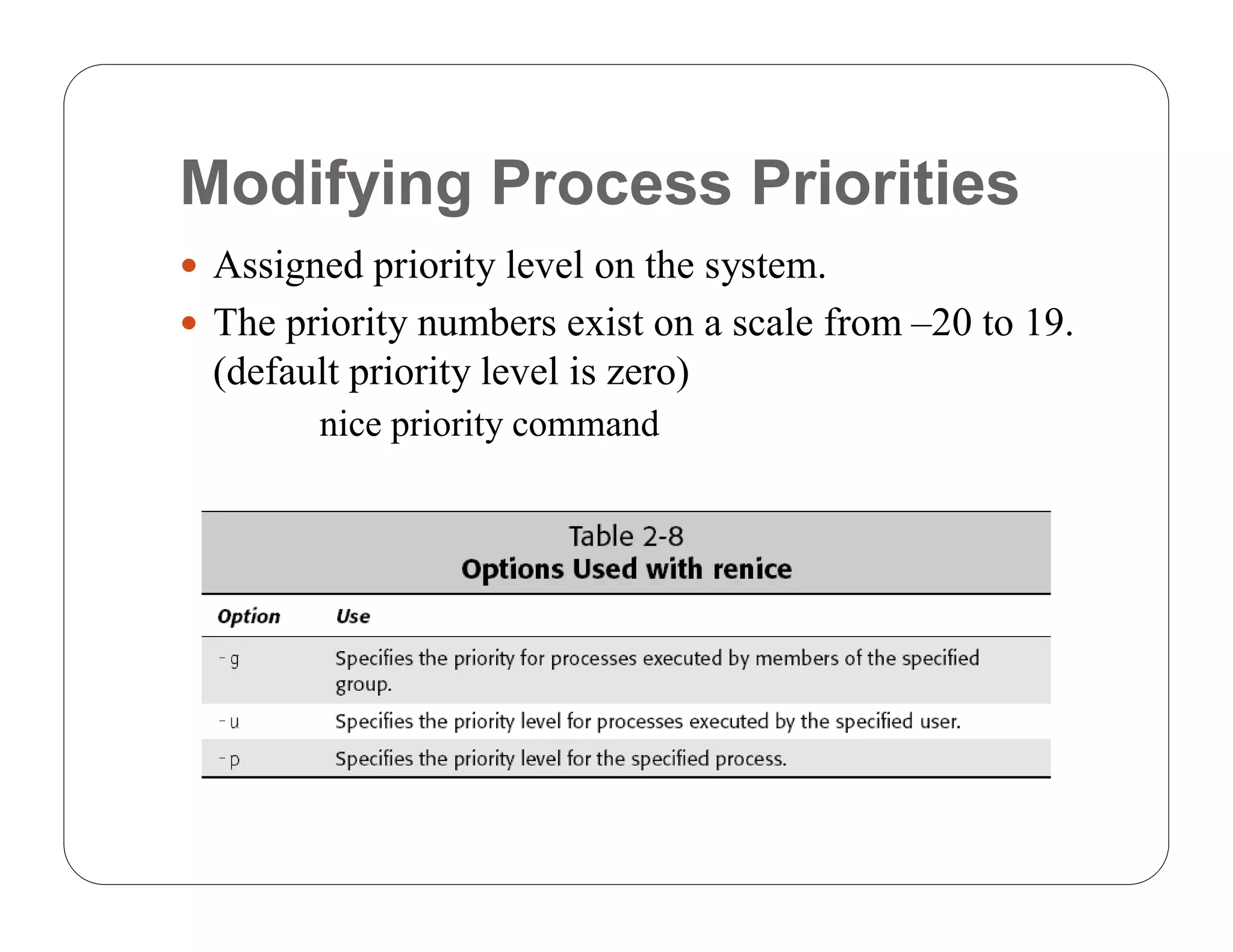 Modifying Process Priorities
 Assigned priority level on the system.
 The priority numbers exist on a scale from –20 to 19.
  (default priority level is zero)
         nice priority command
 