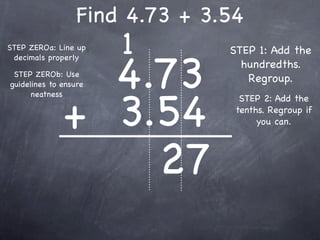 Find 4.73 + 3.54
STEP ZEROa: Line up    1        STEP 1: Add the


                4.73
 decimals properly
                                  hundredths.
 STEP ZEROb: Use
guidelines to ensure
                                   Regroup.



              + 3.54
      neatness
                                  STEP 2: Add the
                                 tenths. Regroup if
                                      you can.




                  27
 