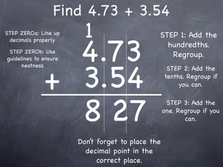 Find 4.73 + 3.54
STEP ZEROa: Line up      1                     STEP 1: Add the


                4.73
 decimals properly
                                                 hundredths.
 STEP ZEROb: Use
guidelines to ensure
                                                  Regroup.



              + 3.54
      neatness
                                                    STEP 2: Add the
                                                   tenths. Regroup if
                                                        you can.




                8 27
                                                    STEP 3: Add the
                                                   one. Regroup if you
                                                          can.


                       Don’t forget to place the
                         decimal point in the
                             correct place.
 