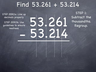 Find 53.261 + 53.214
STEP ZEROa: Line up             STEP 1:


                53.261
 decimals properly           Subtract the
 STEP ZEROb: Use             thousandths.
guidelines to ensure           Regroup.


              - 53.214
      neatness
 