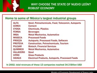ROBUST ECONOMY Home to some of M é xico’s largest industrial groups ALFA Steel, Petrochemicals, Food, Telecomm, Autoparts CEMEX Cement CYDSA Chemicals, Plastics FEMSA Beverages IMSA Metal Mechanics, Automotive MASECA Processed Foods PROEZA Autoparts, Processed Foods, Software PROTEXA Construction, Petrochemicals, Tourism PULSAR Biotech, Financial Services QUIMMCO Metal Mechanics, Automotive VILLACERO Steel VITRO Glass Products XIGNUX Electrical Products, Autoparts, Processed Foods In 2002, total revenues of these 13 companies reached 34.3 Billion USD WHY CHOOSE THE STATE OF NUEVO LEÓN? 