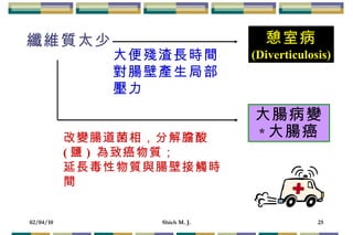 纖維質太少 憩室病 (Diverticulosis) 大便殘渣長時間對腸壁產生局部壓力 大腸病變 * 大腸癌 改變腸道菌相，分解膽酸  ( 鹽 )  為致癌物質； 延長毒性物質與腸壁接觸時間 