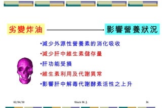 劣變炸油 影響營養狀況 減少外源性營養素的消化吸收 減少肝中維生素儲存量 肝功能受損 維生素利用及代謝異常 影響肝中解毒代謝酵素活性之上升 