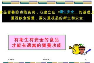 食品營養的功能表現，乃建立在  20   的基礎上 重視飲食營養，要先重視品的衛生和安全 衛生安全 有衛生有安全的食品 才能有適當的營養功能 
