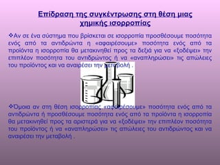 Αν σε ένα σύστημα που βρίσκεται σε ισορροπία προσθέσουμε ποσότητα ενός από τα αντιδρώντα η «αφαιρέσουμε» ποσότητα ενός από τα προϊόντα η ισορροπία θα μετακινηθεί προς τα δεξιά για να «ξοδέψει» την επιπλέον ποσότητα του αντιδρώντος ή να «αναπληρώσει» τις απώλειες του προϊόντος και να αναιρέσει την μεταβολή . Επίδραση της συγκέντρωσης στη θέση μιας χημικής ισορροπίας Όμοια αν στη θέση ισορροπίας «αφαιρέσουμε» ποσότητα ενός από τα αντιδρώντα ή προσθέσουμε ποσότητα ενός από τα προϊόντα η ισορροπία θα μετακινηθεί προς τα αριστερά για να «ξοδέψει» την επιπλέον ποσότητα του προϊόντος ή να «αναπληρώσει» τις απώλειες του αντιδρώντος και να αναιρέσει την μεταβολή . 