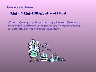 Ν 2 (g) + 3Η 2 (g)  2ΝΗ 3 (g), ∆Η = –22 Kcal Έστω π.χ η αντίδραση : Όταν  αυξήσουμε την θερμοκρασία η Χ.Ι μετατοπίζεται προς τα αριστερά (ενδόθερμη),όταν μειώσουμε την θερμοκρασία η Χ.Ι μετατοπίζεται προς τα δεξιά (εξώθερμη) .  