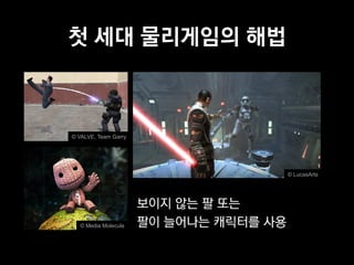 첫 세대 물리게임의 해법



© VALVE, Team Garry




                                        © LucasArts




                      보이지 않는 팔 또는
  © Media Molecule    팔이 늘어나는 캐릭터를 사용
 
