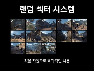 랜덤 섹터 시스템
A    B       C       D   E




F    G       H       I   J




K    Boss1   Boss2




    적은 자원으로 효과적인 사용
 