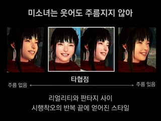 미소녀는 웃어도 주름지지 않아




               타협점
주름 없음                         주름 있음

           리얼리티와 판타지 사이
        시행착오의 반복 끝에 얻어진 스타일
 