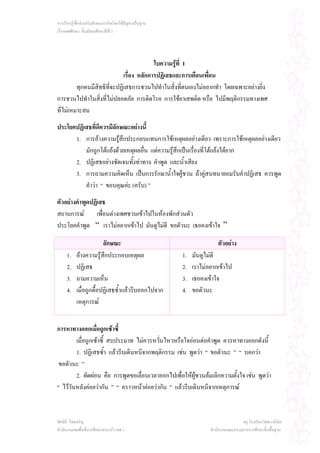 การเรียนรูเพื่อสงเสริมทักษะการคิดโดยใชปญหาเปนฐาน
เรื่องเพศศึกษา ชั้นมัธยมศึกษาปที่ 3




                                          ใบความรูที่ 1
                             เรื่อง หลักการปฏิเสธและการเตือนเพื่อน
         ทุกคนมีสิทธิที่จะปฏิเสธการชวนไปทําในสิ่งที่ตนเองไมอยากทํา โดยเฉพาะอยางยิง
                                                                                   ่
การชวนไปทําในสิ่งที่ไมปลอดภัย การติดโรค การใชยาเสพติด หรือ ไปมีพฤติกรรมทางเพศ
ที่ไมเหมาะสม
ประโยคปฏิเสธที่ดีควรมีลักษณะอยางนี้
      1. การอางความรูสึกประกอบแทนการใชเหตุผลอยางเดียว เพราะการใชเหตุผลอยางเดียว
                         
          มักถูกโตแยงดวยเหตุผลอื่น แตความรูสึกเปนเรื่องที่โตแยงไดยาก
      2. ปฏิเสธอยางชัดเจนทั้งทาทาง คําพูด และน้ําเสียง
      3. การถามความคิดเห็น เปนการรักษาน้ําใจผูชวน ถาคูสนทนายอมรับคําปฏิเสธ ควรพูด
          คําวา “ ขอบคุณคะ (ครับ) ”
ตัวอยางคําพูดปฏิเสธ
สถานการณ เพื่อนตางเพศชวนเขาไปในหองพักสวนตัว
ประโยคคําพูด “ เราไมอยากเขาไป มันดูไมดี ขอตัวนะ เธอคงเขาใจ ”

                        ลักษณะ                                          ตัวอยาง
     1.    อางความรูสึกประกอบเหตุผล                   1.   มันดูไมดี
     2.    ปฏิเสธ                                       2.   เราไมอยากเขาไป
     3.    ถามความเห็น                                  3.   เธอคงเขาใจ
     4.    เมื่อถูกตื้อปฏิเสธซ้ําแลวรีบออกไปจาก        4.   ขอตัวนะ
           เหตุการณ


การหาทางออกเมื่อถูกเซาซี้
        เมื่อถูกเซาซี้ สบประมาท ไมควรหวั่นไหวหรือใจออนตอคําพูด ควรหาทางออกดังนี้
        1. ปฏิเสธซ้ํา แลวรีบเดินหนีจากพฤติกรรม เชน พูดวา “ ขอตัวนะ ” “ บอกวา
 ขอตัวนะ ”
        2. ผัดผอน คือ การพูดขอเลื่อนเวลาออกไปเพื่อใหผูชวนลมเลิกความตั้งใจ เชน พูดวา
“ ไววนหลังคอยวากัน ” “ คราวหนาคอยวากัน ” แลวรีบเดินหนีจากเหตุการณ
      ั


ทัศนีย ไชยเจริญ                                                                    ครู โรงเรียนวัดพวงนิมิต
สํานักงานเขตพื้นที่การศึกษาสระแกว เขต 1                            สํานักงานคณะกรรมการการศึกษาขั้นพื้นฐาน
 