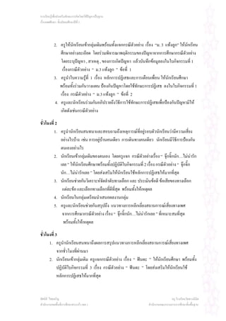 การเรียนรูเพื่อสงเสริมทักษะการคิดโดยใชปญหาเปนฐาน
เรื่องเพศศึกษา ชั้นมัธยมศึกษาปที่ 3




           2. ครูใหนักเรียนเขากลุมเดิมพรอมทั้งแจกกรณีตัวอยาง เรือง “ม. 3 แทงลูก” ใหนกเรียน
                                                                     ่                      ั
               ศึกษาอยางละเอียด โดยรวมพิจารณาพฤติกรรมของปญหาจากการศึกษากรณีตวอยาง     ั
               โดยระบุปญหา , สาเหตุ , ของการเกิดปญหา แลวบันทึกขอมูลลงในใบกิจกรรมที่ 1
                เรื่องกรณีตัวอยาง “ ม.3 แทงลูก ” ขอที่ 1
           3. ครูนําใบความรูที่ 1 เรื่อง หลักการปฏิเสธและการเตือนเพื่อน ใหนกเรียนศึกษา
                                                                               ั
               พรอมทั้งรวมกันวางแผน ปองกันปญหาโดยใชทกษะการปฏิเสธ ลงในใบกิจกรรมที่ 1
                                                             ั
               เรื่อง กรณีตัวอยาง “ ม.3 แทงลูก ” ขอที่ 2
            4. ครูและนักเรียนรวมกันอภิปรายถึงวิธการใชทักษะการปฏิเสธเพื่อปองกันปญหามิให
                                                    ี
               เกิดดังเชนกรณีตวอยาง
                                 ั

ชั่วโมงที่ 2
          1. ครูนํานักเรียนสนทนาและสอบถามถึงเหตุการณที่อยูรอบตัวนักเรียนวามีความเสี่ยง
             อยางไรบาง เชน การอยูบานคนเดียว การเดินทางคนเดียว นักเรียนมีวิธีการปองกัน
             ตนเองอยางไร
          2. นักเรียนเขากลุมเดิมของตนเอง โดยครูแจก กรณีตวอยางเรื่อง “ จุกจิ๊กนัก…ไมนารัก
                                                               ั
             เลย ” ใหนักเรียนศึกษาพรอมทั้งปฏิบัติใบกิจกรรมที่ 2 เรื่อง กรณีตัวอยาง “ จุกจิ๊ก
             นัก…ไมนารักเลย ” โดยสงเสริมใหนักเรียนใชหลักการปฏิเสธใหมากที่สุด
          3. นักเรียนชวยกันวิเคราะหจดลําดับทางเลือก และ ประเมินขอดี ขอเสียของทางเลือก
                                       ั
              แตละขอ และเลือกทางเลือกที่ดีที่สุด พรอมทั้งใหเหตุผล
          4. นักเรียนในกลุมเตรียมนําเสนอผลงานกลุม
          5. ครูและนักเรียนชวยกันสรุปถึง แนวทางการหลีกเลี่ยงสถานการณเสี่ยงทางเพศ
              จากการศึกษากรณีตัวอยาง เรื่อง “ จุกจิ๊กนัก…ไมนารักเลย ” ที่เหมาะสมที่สุด
                                                  
              พรอมทั้งใหเหตุผล

ชั่วโมงที่ 3
      1. ครูนํานักเรียนสนทนาถึงผลการสรุปแนวทางการหลีกเลี่ยงสถานการณเสี่ยงทางเพศ
            จากชั่วโมงที่ผานมา
      2. นักเรียนเขากลุมเดิม ครูแจกกรณีตวอยาง เรื่อง “ ฟนดะ ” ใหนักเรียนศึกษา พรอมทั้ง
                                            ั
            ปฏิบัติใบกิจกรรมที่ 3 เรื่อง กรณีตวอยาง “ ฟนดะ ” โดยสงเสริมใหนักเรียนใช
                                               ั
            หลักการปฏิเสธใหมากที่สุด


ทัศนีย ไชยเจริญ                                                                   ครู โรงเรียนวัดพวงนิมิต
สํานักงานเขตพื้นที่การศึกษาสระแกว เขต 1                           สํานักงานคณะกรรมการการศึกษาขั้นพื้นฐาน
 