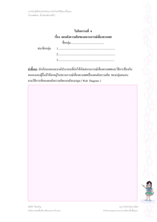 การเรียนรูเพื่อสงเสริมทักษะการคิดโดยใชปญหาเปนฐาน
เรื่องเพศศึกษา ชั้นมัธยมศึกษาปที่ 3




                                                  ใบกิจกรรมที่ 4
                       เรื่อง แผนผังความคิดของสถานการณเสี่ยงทางเพศ
                                ชื่อกลุม................................................
           สมาชิกกลุม 1..................................................................................
                         2..................................................................................
                         3.................................................................................

คําชี้แจง นักเรียนแยกแยะองคประกอบทีกอใหเกิดสถานการณเสียงทางเพศและวิธการปองกัน
                                    ่                     ่             ี
ตนเองและผูอนมิใหตกอยูในสถานการณเสี่ยงทางเพศเปนแผนผังความคิด ของกลุมตนเอง
              ื่        
ตามวิธีการเขียนแผนผังความคิดแบบผังแมงมุม ( Web Diagram )




ทัศนีย ไชยเจริญ                                                                                             ครู โรงเรียนวัดพวงนิมิต
สํานักงานเขตพื้นที่การศึกษาสระแกว เขต 1                                                     สํานักงานคณะกรรมการการศึกษาขั้นพื้นฐาน
 