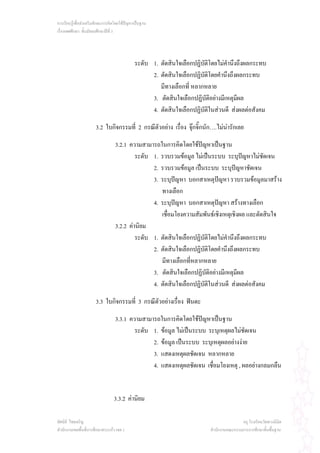การเรียนรูเพื่อสงเสริมทักษะการคิดโดยใชปญหาเปนฐาน
เรื่องเพศศึกษา ชั้นมัธยมศึกษาปที่ 3




                                              ระดับ 1. ตัดสินใจเลือกปฏิบัติโดยไมคํานึงถึงผลกระทบ
                                                    2. ตัดสินใจเลือกปฏิบัติโดยคํานึงถึงผลกระทบ
                                                       มีทางเลือกที่ หลากหลาย
                                                    3. ตัดสินใจเลือกปฏิบัติอยางมีเหตุมีผล
                                                    4. ตัดสินใจเลือกปฏิบัติในสวนดี สงผลตอสังคม

                       3.2 ใบกิจกรรมที่ 2 กรณีตวอยาง เรื่อง จุกจิ๊กนัก….ไมนารักเลย
                                               ั

                                  3.2.1 ความสามารถในการคิดโดยใชปญหาเปนฐาน
                                           ระดับ 1. รวบรวมขอมูล ไมเปนระบบ ระบุปญหาไมชัดเจน
                                                 2. รวบรวมขอมูล เปนระบบ ระบุปญหาชัดเจน
                                                 3. ระบุปญหา บอกสาเหตุปญหา รวบรวมขอมูลมาสราง
                                                                            
                                                    ทางเลือก
                                                 4. ระบุปญหา บอกสาเหตุปญหา สรางทางเลือก
                                                                              
                                                    เชื่อมโยงความสัมพันธเชิงเหตุเชิงผล และตัดสินใจ
                                  3.2.2 คานิยม
                                           ระดับ 1. ตัดสินใจเลือกปฏิบัติโดยไมคํานึงถึงผลกระทบ
                                                 2. ตัดสินใจเลือกปฏิบัติโดยคํานึงถึงผลกระทบ
                                                    มีทางเลือกที่หลากหลาย
                                                 3. ตัดสินใจเลือกปฏิบัติอยางมีเหตุมีผล
                                                 4. ตัดสินใจเลือกปฏิบัติในสวนดี สงผลตอสังคม

                       3.3 ใบกิจกรรมที่ 3 กรณีตวอยางเรื่อง ฟนดะ
                                               ั

                                  3.3.1 ความสามารถในการคิดโดยใชปญหาเปนฐาน
                                          ระดับ 1. ขอมูล ไมเปนระบบ ระบุเหตุผลไมชัดเจน
                                                2. ขอมูล เปนระบบ ระบุเหตุผลอยางงาย
                                                3. แสดงเหตุผลชัดเจน หลากหลาย
                                                4. แสดงเหตุผลชัดเจน เชื่อมโยงเหตุ , ผลอยางกลมกลืน


                                 3.3.2 คานิยม

ทัศนีย ไชยเจริญ                                                                           ครู โรงเรียนวัดพวงนิมิต
สํานักงานเขตพื้นที่การศึกษาสระแกว เขต 1                                   สํานักงานคณะกรรมการการศึกษาขั้นพื้นฐาน
 