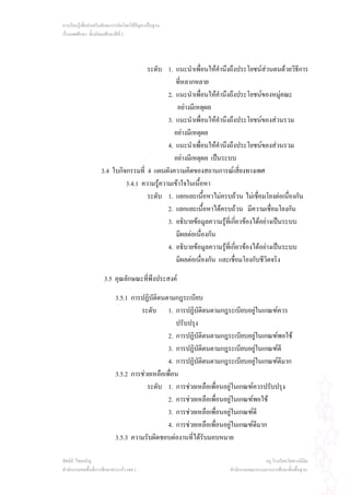 การเรียนรูเพื่อสงเสริมทักษะการคิดโดยใชปญหาเปนฐาน
เรื่องเพศศึกษา ชั้นมัธยมศึกษาปที่ 3




                                      ระดับ 1. แนะนําเพื่อนใหคํานึงถึงประโยชนสวนตนดวยวิธีการ
                                                 ที่หลากหลาย
                                              2. แนะนําเพื่อนใหคํานึงถึงประโยชนของหมูคณะ
                                                 อยางมีเหตุผล
                                              3. แนะนําเพื่อนใหคํานึงถึงประโยชนของสวนรวม
                                                อยางมีเหตุผล
                                              4. แนะนําเพื่อนใหคํานึงถึงประโยชนของสวนรวม
                                                อยางมีเหตุผล เปนระบบ
                     3.4 ใบกิจกรรมที่ 4 แผนผังความคิดของสถานการณเสี่ยงทางเพศ
                              3.4.1 ความรูความเขาใจในเนื้อหา
                                      ระดับ 1. แยกแยะเนือหาไมครบถวน ไมเชื่อมโยงตอเนื่องกัน
                                                              ้
                                              2. แยกแยะเนือหาไดครบถวน มีความเชื่อมโยงกัน
                                                            ้
                                              3. อธิบายขอมูลความรูที่เกียวของไดอยางเปนระบบ
                                                                             ่
                                                 มีผลตอเนื่องกัน
                                              4. อธิบายขอมูลความรูที่เกียวของไดอยางเปนระบบ
                                                                           ่
                                                 มีผลตอเนื่องกัน และเชือมโยงกับชีวิตจริง
                                                                         ่

                      3.5 คุณลักษณะที่พึงประสงค

                            3.5.1 การปฏิบัติตนตามกฎระเบียบ
                                     ระดับ 1. การปฏิบัติตนตามกฎระเบียบอยูในเกณฑควร
                                                   ปรับปรุง
                                                2. การปฏิบัติตนตามกฎระเบียบอยูในเกณฑพอใช
                                                3. การปฏิบัติตนตามกฎระเบียบอยูในเกณฑดี
                                                4. การปฏิบัติตนตามกฎระเบียบอยูในเกณฑดีมาก
                            3.5.2 การชวยเหลือเพื่อน
                                        ระดับ 1. การชวยเหลือเพื่อนอยูในเกณฑควรปรับปรุง
                                                2. การชวยเหลือเพื่อนอยูในเกณฑพอใช
                                                3. การชวยเหลือเพื่อนอยูในเกณฑดี
                                                4. การชวยเหลือเพื่อนอยูในเกณฑดีมาก
                            3.5.3 ความรับผิดชอบตองานที่ไดรับมอบหมาย

ทัศนีย ไชยเจริญ                                                                    ครู โรงเรียนวัดพวงนิมิต
สํานักงานเขตพื้นที่การศึกษาสระแกว เขต 1                            สํานักงานคณะกรรมการการศึกษาขั้นพื้นฐาน
 