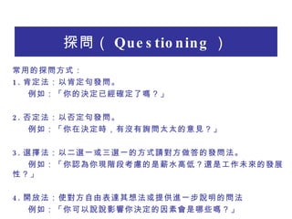 ̽ Questioning  õ̽ʽ 1. ϶Կ϶l 磺ěQѽ_ˆ᣿ 2. 񶨷Է񶨾l 磺ڛQrЛ]ԃ̫̫Ҋ 3. x񷨣ԶxһxһķʽՈİl 磺JFAο]нˮߵͣ߀ǹδİlչԣ 4. _ŷʹɱ_뷨ṩMһfĆ  磺ffӰQؕЩ᣿  
