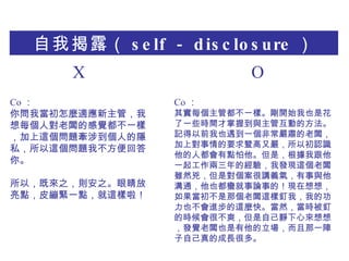 ҽ¶ self  disclosure  ? Co  ㆖ҮNmܣÿˌ雵ĸXһӣ@}浽˵[˽@}Ҳش㡣 ԣȁ֮t֮۾cƤoһc@ ? Co  䌍ÿܶһӡ_ʼҲǻһЩrgյcܻӵķӛǰҲһǳC難όҪ߸ևԳJR˶cǣҸһĽ򞣬ҰlF@mȻǌvx⣬cͨҲUՓµģF룬ǂ@ңҵĹҲM@N졣ȻrᔵĕrܲˬԼoā룬lXҲһԼĳLܶࡣ ? X O 
