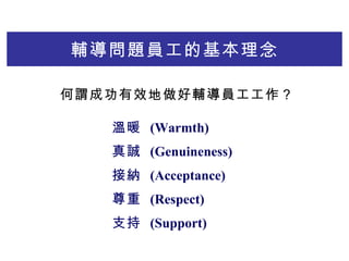 o}TĻ ů  (Warmth)  \  (Genuineness) Ӽ{  (Acceptance)    (Respect) ֧  (Support) ^ɹЧoT 
