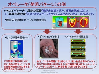 オペレータ（発明パターン）の例
I-TRIZ オペレータ: 既知の問題「物体を破壊するか、異物を除去したい」
→ 既知の解決策「圧力（エネルギー）をゆっくり上昇させ、次に一気に落とす」

既知の問題例：ピーマンの種を抜く




 ヒマワリ種の殻を外す    ダイヤモンドを割る                           フィルターを掃除する




この問題に取り組む人は、   他方、これらの問題に取り組む人は、遠い食品分野のピーマン
近い食品分野のピーマン例   例など知る確率は非常に低く、試行錯誤を繰り返す。しかし、オ
を比較的容易に知り得て応   ペレータによりピーマン例を容易に応用できるのである。
用できるかもしれない。    Willfort International Patent Firm
                        Ideation Japan Inc.                        10
                    Ideation International Inc.
 