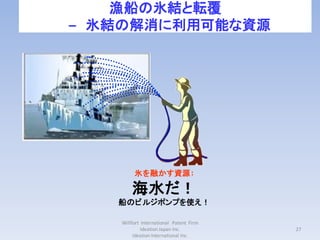 漁船の氷結と転覆
– 氷結の解消に利用可能な資源




        氷を融かす資源:

       海水だ！
   船のビルジポンプを使え！

   Willfort International Patent Firm
            Ideation Japan Inc.         27
        Ideation International Inc.
 