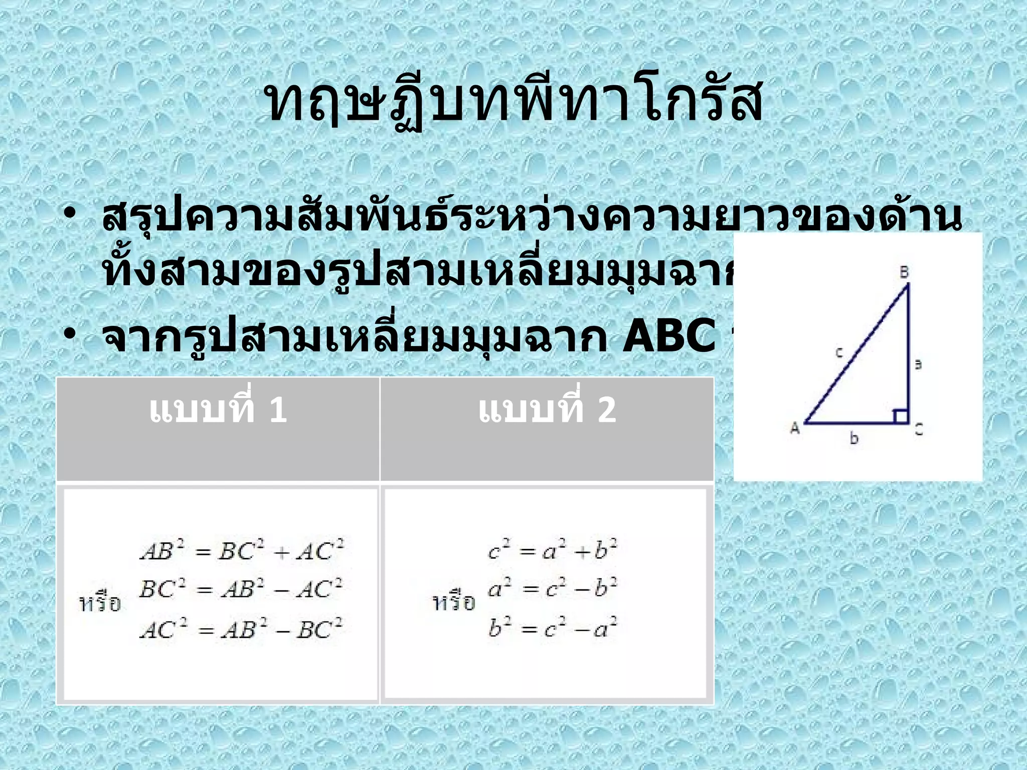 ทฤษฏีบทพีทาโกรัส สรุปความสัมพันธ์ระหว่างความยาวของด้านทั้งสามของรูปสามเหลี่ยมมุมฉาก จากรูปสามเหลี่ยมมุมฉาก  ABC  จะได้ แบบที่  1 แบบที่  2 
