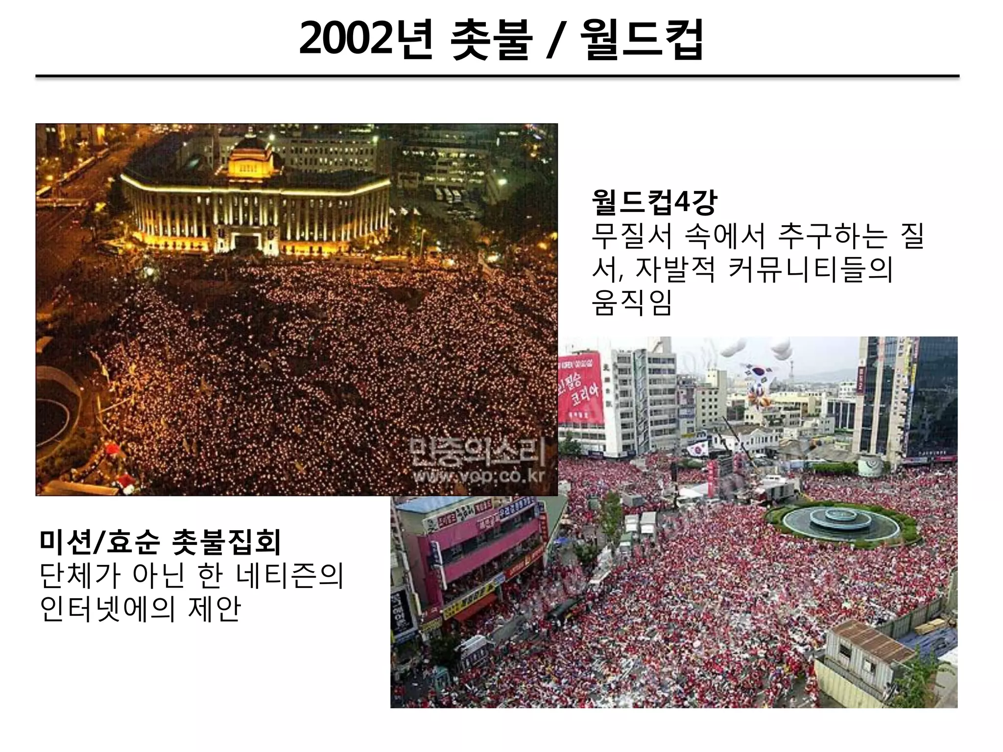 2002년 촛불 / 월드컵


                    월드컵4강
                    무질서 속에서 추구하는 질
                    서, 자발적 커뮤니티들의
                    움직임




미션/효순 촛불집회
단체가 아닌 핚 네티즌의
인터넷에의 제안
 