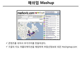 매쉬업 Mashup




 콘텐츠를 섞어서 부가가치를 만들어낸다.
 구글의 지도 어플리케이션을 해킹하여 부동산정보와 섞은 Hosingmap.com
 