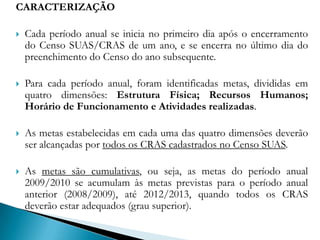  Destina-se a todos os CRAS constantes do Censo SUAS e que não cumprem as exigências, por dimensão, definidas para cada período anual.  A INSTITUIÇÃO DAS METAS:Após uma série de discussões e análises a CIT pactuou as Metas de Desenvolvimento dos CRAS por Período Anual:2008/2009; 2009/2010; 2010/2011; 2011/2012; 2012/2013 As metas foram instituídas por meio da Resolução CIT Nº 05 de 03 de maio de 2010.
