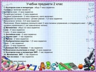 Учебни предмети 2 клас 1. Български език и литература  - общо 7 часа седмично Предметът включва часове по:  Български език - 2 часа седмично Литература (четене) - 3 часа седмично Писмени упражнения - 2 часа седмично, които включват: Формиране на комуникативно - речеви умения - 1,5 часа седмично  Извънкласно четене - 0,5 часа седмично  Разяснение: (Една седмица учениците имат 2 часа писмени упражнения, а следващата имат - 1 час писмени упражнения и 1 час извънкласно четене) 2. Математика  - общо 3,5 часа седмично І срок - 4 часа седмично ІІ срок - 3 часа седмично 3. Английски език  - 2 часа седмично 4. Околен свят  - 1 час седмично 5. Музика  - 2 часа седмично 6. Изобразително изкуство  - 1,5 часа седмично І срок - 1 час седмично ІІ срок - 2 часа седмично 7. Домашен бит и техника  - 1 час седмично  8. Физичиско възпитание и спорт  - 2 часа седмично 9. Български език и литература ЗИП  - 1 час седмично 10. Математика  ЗИП  - 1 час седмично 11. Час на класа  - 1 час седмично ОБЩО: 23 часа седмично 