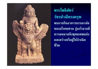 พระโพธสตว
พระโพธิสตว์
         ั
วัชรปาณี ทรงครุฑ
               ุ
พบภายในอาคารบรรณาลัย
ของอโรคยศาล กู่แก้วอาจมี
ความหมายถงพุทธเทพแหง
ความหมายถึงพทธเทพแห่ง
แสงสว่างหรือผูให้กาเนิ ด
              ้ ํ
ชีวิต
 
