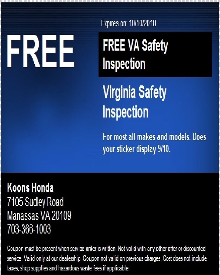 Manassas Koons Honda Free Safety Inspection Coupon VA