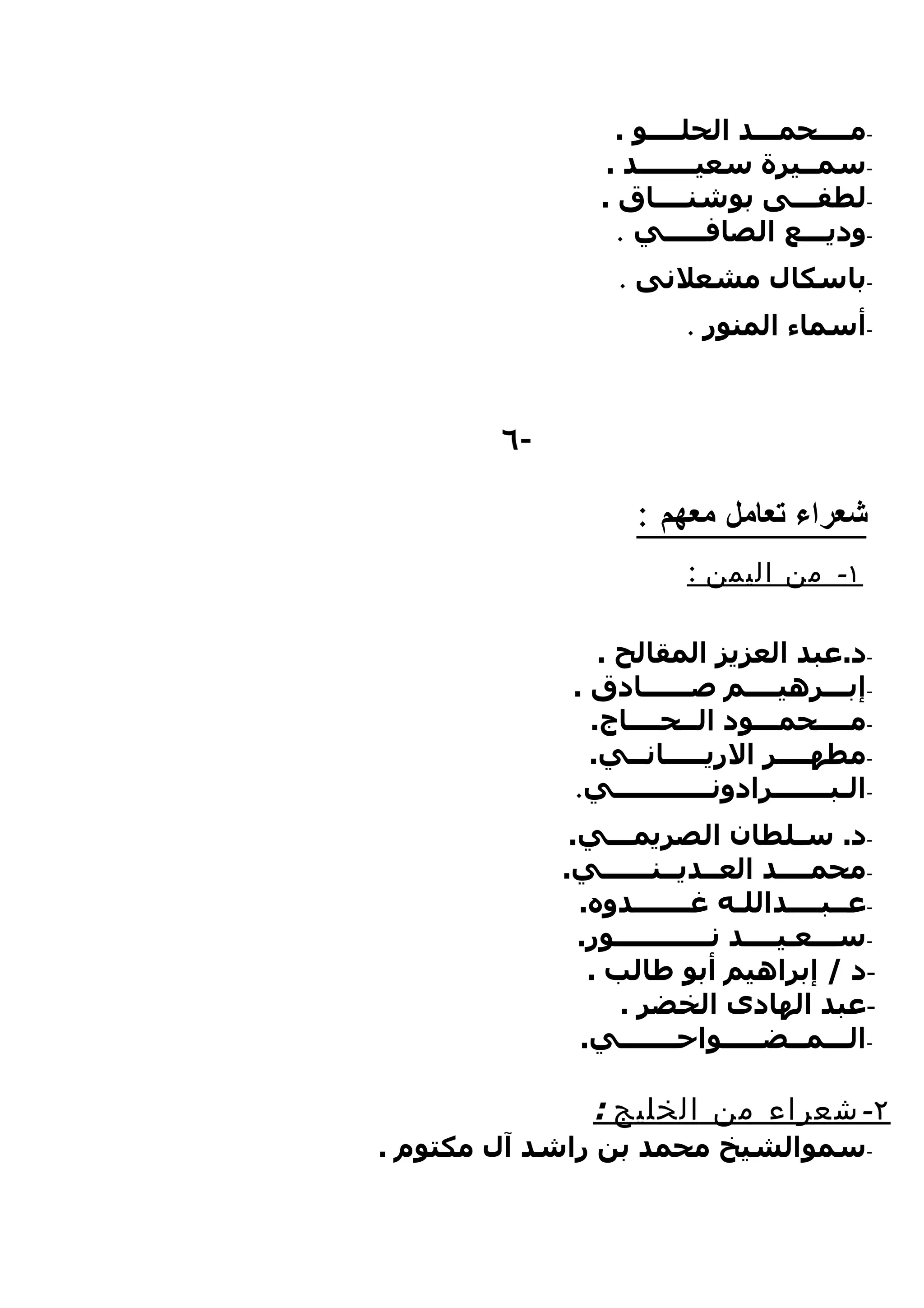 ‫-مــــحمـــد الحلــــو .‬
                 ‫-سمــيرة سعيـــــــد .‬
                ‫-لطفـــى بوشنــــاق .‬
                  ‫-وديـــع الصافـــــي .‬
                  ‫-باسكال مشعلنى .‬
                         ‫-أسماء المنور .‬



        ‫-٦‬

                    ‫شعراء تعامل معهم :‬
                         ‫١- من اليمن :‬

                 ‫-د.عبد العزيز المقالح .‬
              ‫-إبـــرهيــــم صــــــادق .‬
                ‫-مــــحمـــود الــحــــاج.‬
                ‫-مطهــــر الريـــــانــي.‬
              ‫-الـبـــــــرادونــــــــــــي.‬
              ‫-د. سـلطان الصريمـــي.‬
             ‫-محمــــد العــديــنــــــي.‬
               ‫-عــبــــداللـه غـــــــدوه.‬
               ‫-ســـعـيــــد نــــــــــــور.‬
                ‫-د / إبراهيم أبو طالب .‬
                   ‫-عبد الهادى الخضر .‬
               ‫-الـــمــضـــــواحـــــــي.‬

                ‫٢- شعراء من الخليج :‬
‫-سموالشيخ محمد بن راشد آل مكتوم .‬
 
