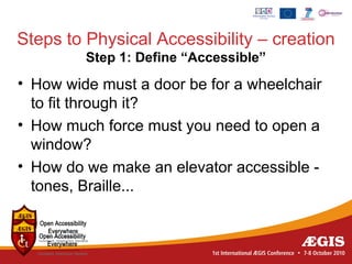 Steps to Physical Accessibility – creation
         Step 1: Define “Accessible”
• How wide must a door be for a wheelchair
  to fit through it?
• How much force must you need to open a
  window?
• How do we make an elevator accessible -
  tones, Braille...
 