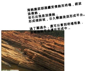 海蝕崖底部連續受侵蝕而坍塌，經波浪侵蝕， 岩石出現差別侵蝕， 形成傾斜坡，日久懸崖後退形成平台。 過了難過水，還可以看到坍塌現象． 現時海蝕平台還在形成中 .. 