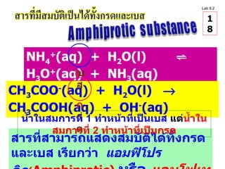 NH 4 + (aq)  +  H 2 O(l)  ⇌   H 3 O + (aq)  +  NH 3 (aq) CH 3 COO - (aq)  +  H 2 O(l)     CH 3 COOH(aq)  +  OH - (aq) สารที่สามารถแสดงสมบัติได้ทั้งกรดและเบส เรียกว่า  แอมฟิโปรติก ( Amphiprotic)  หรือ   แอมโฟเทอริก ( Amphoteric) เ บส ก รด Lab 8.2 น้ำในสมการที่  1  ทำหน้าที่เป็นเบส  แต่ น้ำในสมการที่  2  ทำหน้าที่เป็นกรด 18 