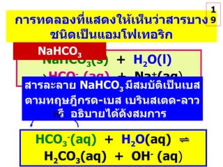 NaHCO 3 (s)   +  H 2 O(l)    HCO - 3 (aq)   +  Na + (aq ) การละลายน้ำของ   NaHCO 3 HCO 3 - (aq)   +  H 2 O (aq)  ⇌  H 2 CO 3 (aq)  +  OH -  (aq ) สารละลาย   NaHCO 3   มีสมบัติเป็นเบส ตามทฤษฎีกรด - เบส เบรินสเตด - ลาวรี  อธิบายได้ดังสมการ การทดลองที่แสดงให้เห็นว่าสารบางชนิดเป็นแอมโฟเทอริก H + 19 