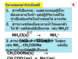 นิยามของอาร์เรเนียสมีข้อจำกัด คือ 1.   สารที่เป็นกรด  -   เบสตามทฤษฎีนี้จะต้องละลายในน้ำ แต่ปฏิกิริยาเคมีไม่จำเป็นต้องเกิดในน้ำเสมอไป อาจเกิดขึ้นในตัวทำละลายอื่นๆ หรือไม่มีตัวทำละลายเลยก็ได้  3 .  สารบางชนิดอาจไม่มีหมู่  OH -   ในสูตร เช่น  NH 3  ,   CH 3 COONa  แต่เมื่อละลายน้ำจะมีสมบัติเป็นเบส 2.   สารบางชนิดเมื่อละลายน้ำไม่แตกตัวให้  H +   แต่มีสมบัติเป็นกรด  เช่น   NH 4 Cl   6 H 2 O NH 4 Cl(s)      NH 4 + (aq)  +  Cl - (aq)   CH 3 COONa(s)     CH 3 COO - (aq)  +  Na + (aq ) H 2 O 