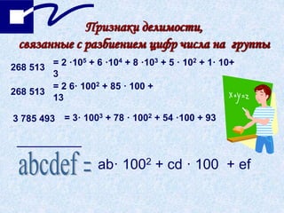Признаки делимости,
связанные с разбиением цифр числа на группы
268 513
= 2 ·105 + 6 ·104 + 8 ·103 + 5 · 102 + 1· 10+
3
268 513
= 2 6· 1002 + 85 · 100 +
13
3 785 493 = 3· 1003 + 78 · 1002 + 54 ·100 + 93
ab· 1002 + cd · 100 + ef
 