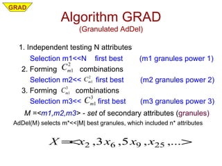 Algorithm GRAD (Granulated AdDel) <ul><li>1. Independent testing N attributes  </li></ul><ul><li>Selection m1<<N  first be...